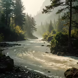 water flowing down a river surrounded by trees