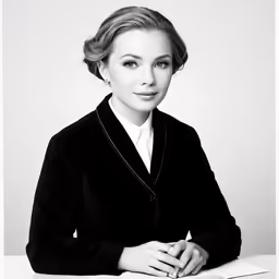 a woman sitting at a table in front of a book