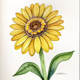 a sunflower on a white card with green leaves,a yellow flower with green leaves on it