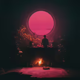 a man sitting by a fire with pink light on