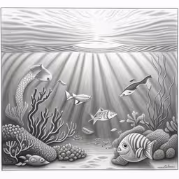 a pencil drawing of two fish swimming by an underwater coral reef
