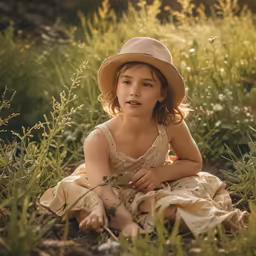 a small girl sitting on the ground wearing a hat