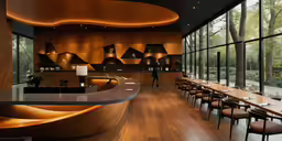 an empty restaurant with wooden tables and large windows