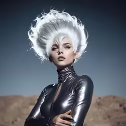 woman with long hair wearing latex outfit looking into distance