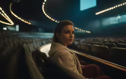 a woman sitting on a theater seat in the dark