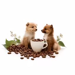 two dogs sitting on a pile of beans looking at the ground