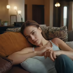 the girl is laying on her side on the couch