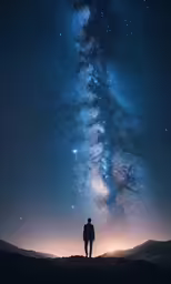 a person is standing under the stars with their back turned