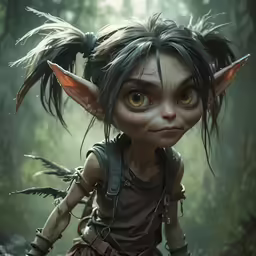 a troll with long hair and orange eyes standing in a wooded area