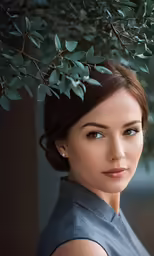 a young woman with blue eyes poses under the branch of a tree