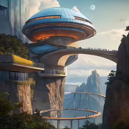 a futuristic mountain with a bridge suspended over it