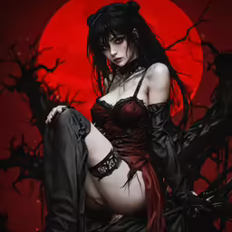 a woman in an outfit is sitting on a tree