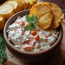 there is a bowl of food with potato chips and other fruit