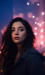 a woman with long black hair standing in front of neon lights