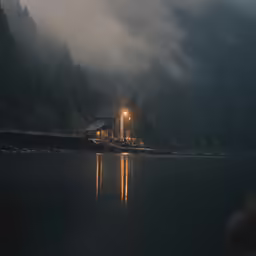 some buildings by the water and trees in the fog