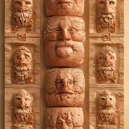 several statues made up of clay with a variety of faces