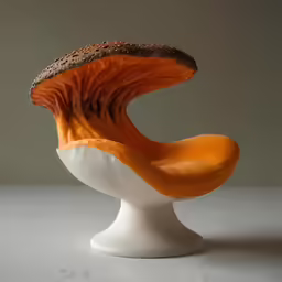 a mushroom that is on a round white surface