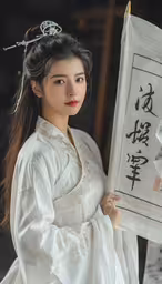an oriental woman dressed in white with writing,a woman in chinese traditional dress holding up an oriental scroll