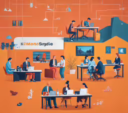 an illustrated work station and its orange walls,people are sitting at tables in a room with bright orange walls