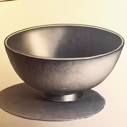 a painting of a metal bowl on a white table