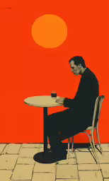 man sitting at table drinking coffee, against red and yellow background