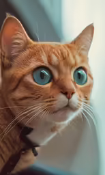 an orange cat looks with bright blue eyes