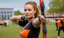 an athletic girl posing with her barbells on the field