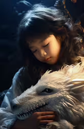 a girl holds onto a white stuffed animal,a little girl holding a white creature in her hands