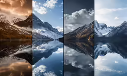 four different pictures of mountains and the same water