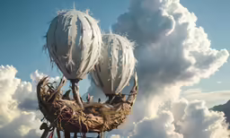 two hot air balloons flying in the sky above clouds