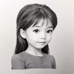 a black and white image of a girl in grey shirt with long hair