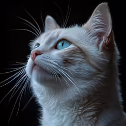 white cat with blue eyes looking up at something
