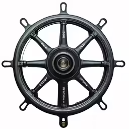 a black steering wheel is shown against a white background