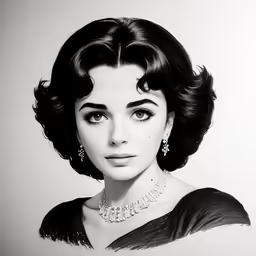 a black and white image of a woman wearing an elegant dress