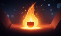 a lit candle on fire next to blue and red background