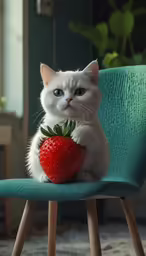 a kitten is holding a small strawberry in front of it