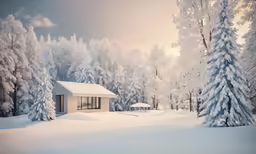 there is a snow covered forest and house in the foreground