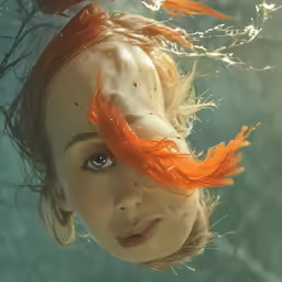 a close up of a child under water with orange hair