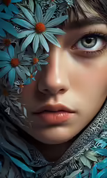 a woman wearing blue and white is seen with flowers on her head