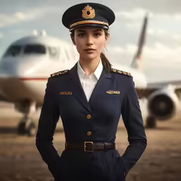 female air force officer is standing in front of an airplane