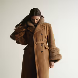 a young woman in a long coat with two furs