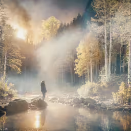 a person in the forest and a stream