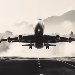 a plane taking off on the runway of an airport