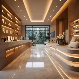 a marble and wood lobby with built in lighting