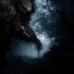 a person in a dark forest walking into a cave