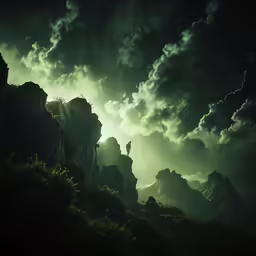 a dark scene with green vegetation on top of rock formations