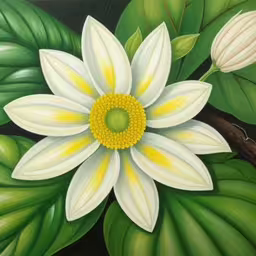 this is an oil painting of a flower,a painting of a large white flower with yellow centers
