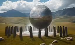 the sphere with several pillars are on a grass field