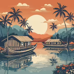 two boats floating on the water with palm trees