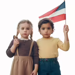 two small children with flags and brown sweaters